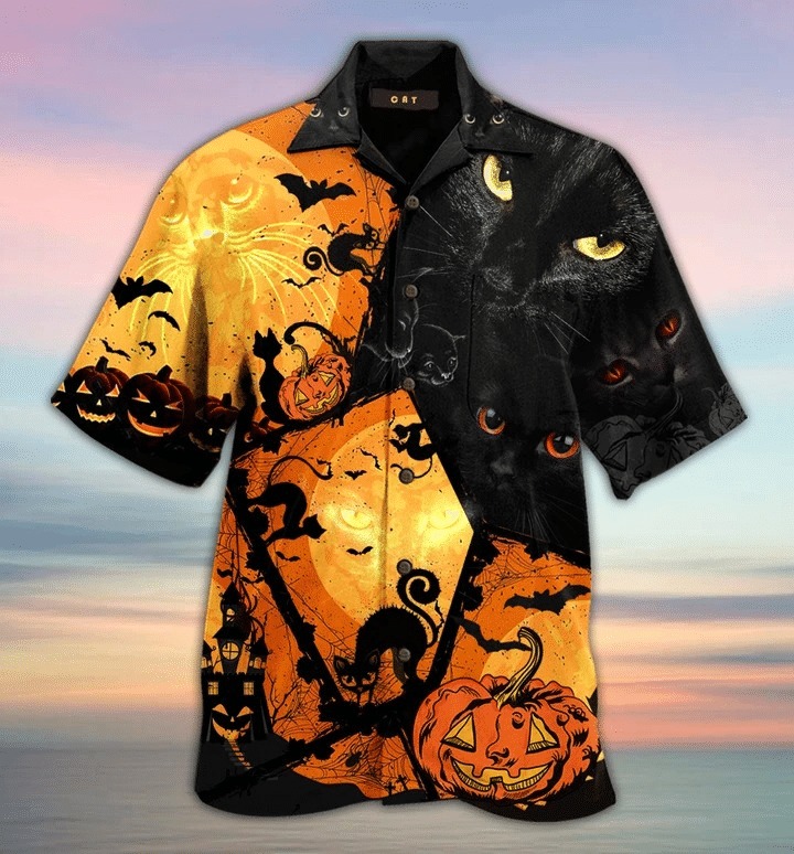 Halloween Black Cat And Pumpkins Hawaiian Shirt