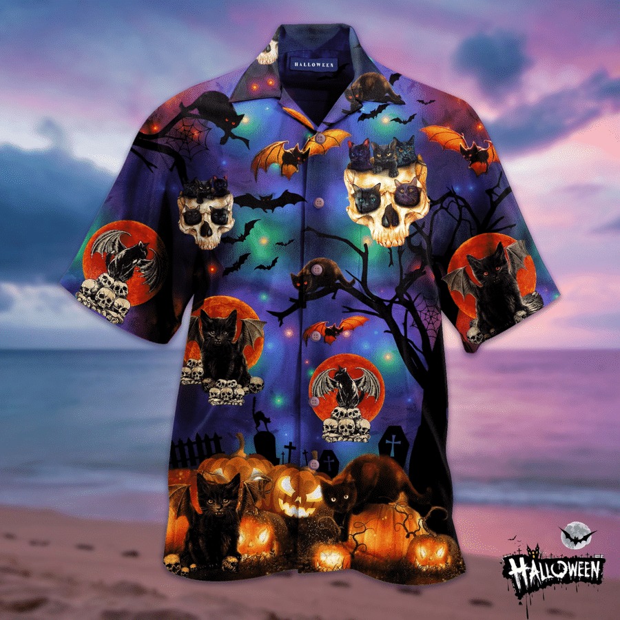 Halloween Cat And Skull Hawaiian Shirt