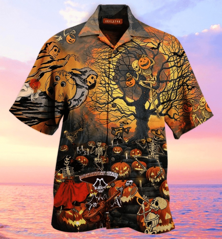 Halloween Skeleton And Pumpkin Hawaiian Shirt