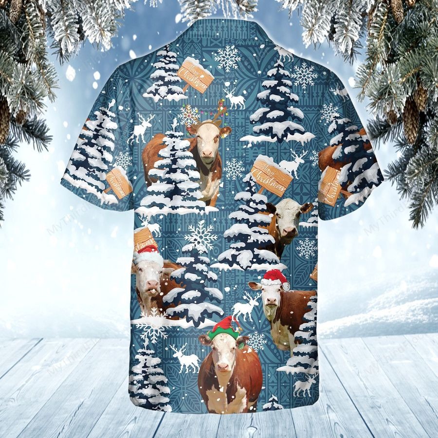 Hereford Cattle Blue Tribal Christmas Hawaiian Shirt