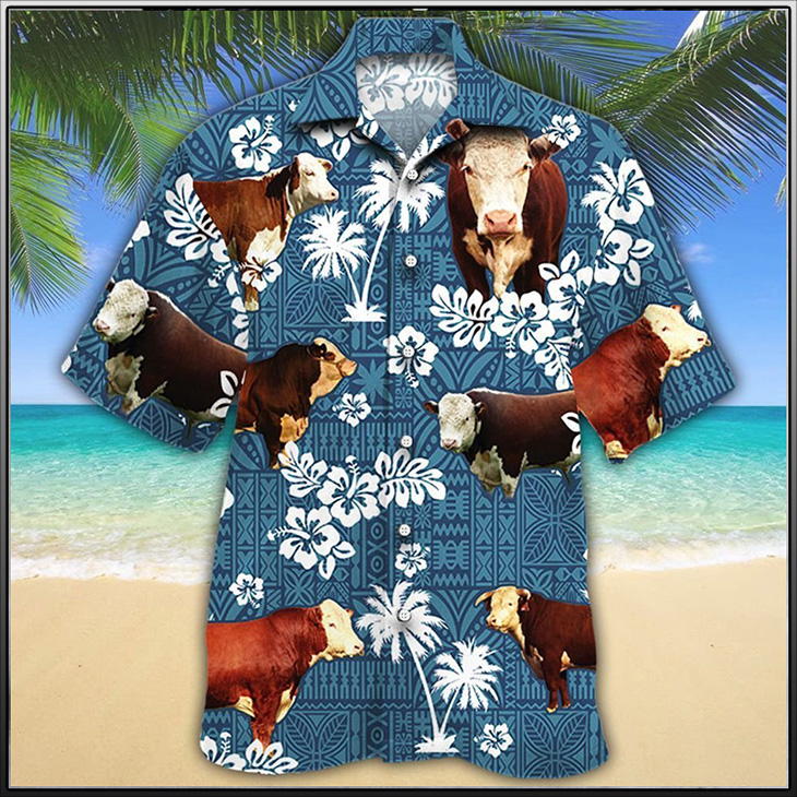 Hereford Cattle Blue Tribal On Hawaiian Shirt