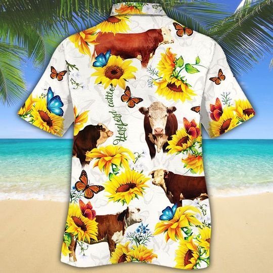 Hereford Cattle Butterfly Sunflower Hawaiian Shirt