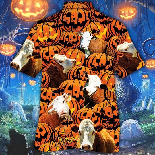 Hereford Cattle Halloween Pumpkin Hawaiian Shirt