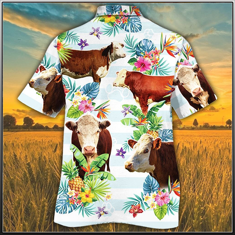 Hereford Cattle Tropical Flower Hawaiian Shirt