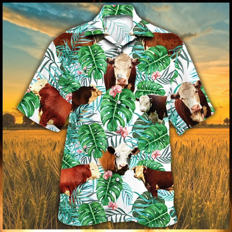 Hereford Cattle Tropical Plant Hawaiian Shirt