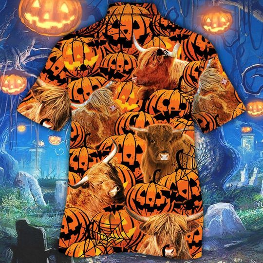 Highland Cattle Halloween Pumpkin Hawaiian Shirt