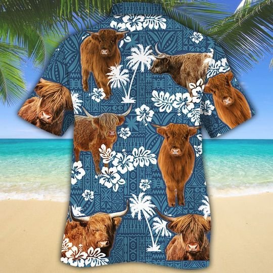 Highland Cattle Hibiscus Blue Triblal Hawaiian Shirt