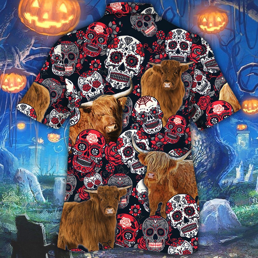 Highland Cattle Sugar Skull Floral Hawaiian Shirt