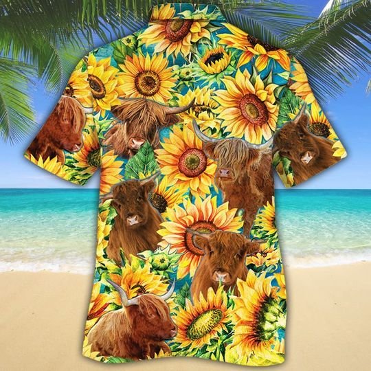 Highland Cattle Watercolor Sunflowers Hawaiian Shirt