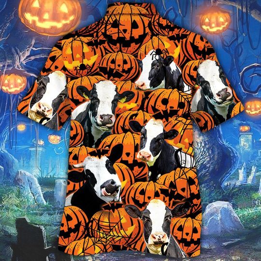 Holstein Friesian Cattle Halloween Pumpkin Hawaiian Shirt