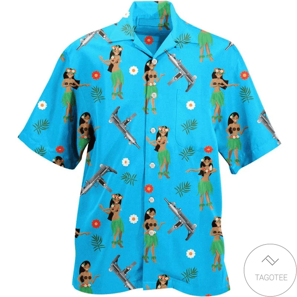 Hula Girl Uzi Gun Hawaiian Shirt