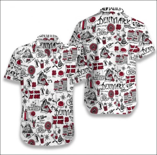 I Love Denmark Doodle Hawaiian Shirt Summer Button Up