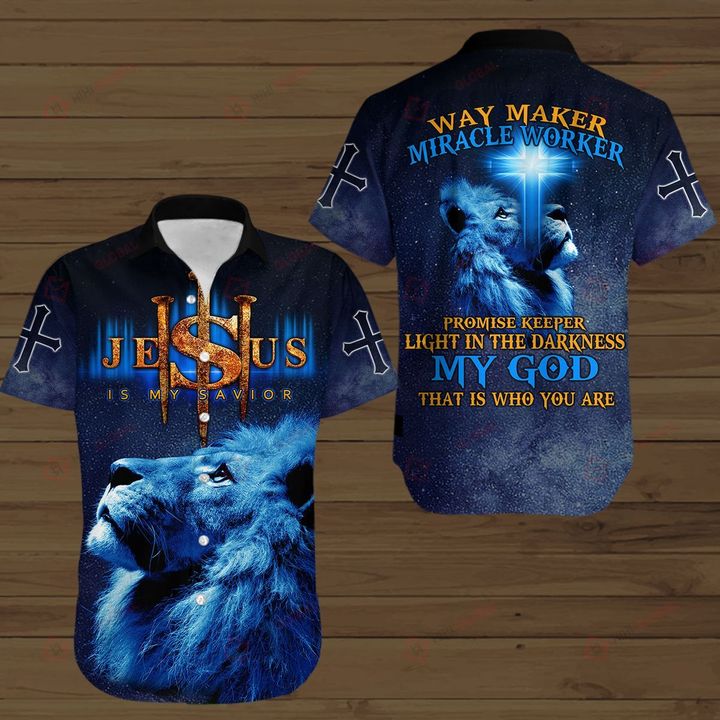 Lion Cross Jesus Is My Savior Way Maker Miracle Worker Hawaiian Shirt