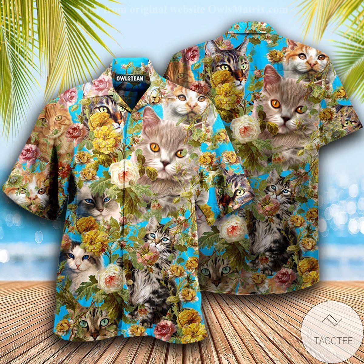 Lovely Cat And Flower Printed Hawaiian Shirt