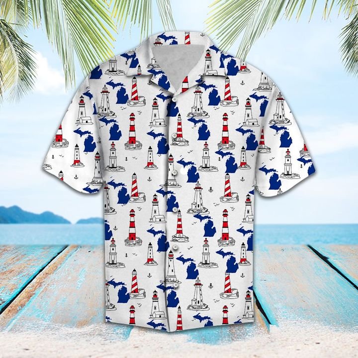 Michigan Lighthouse Hawaiian Shirt Summer Button Up