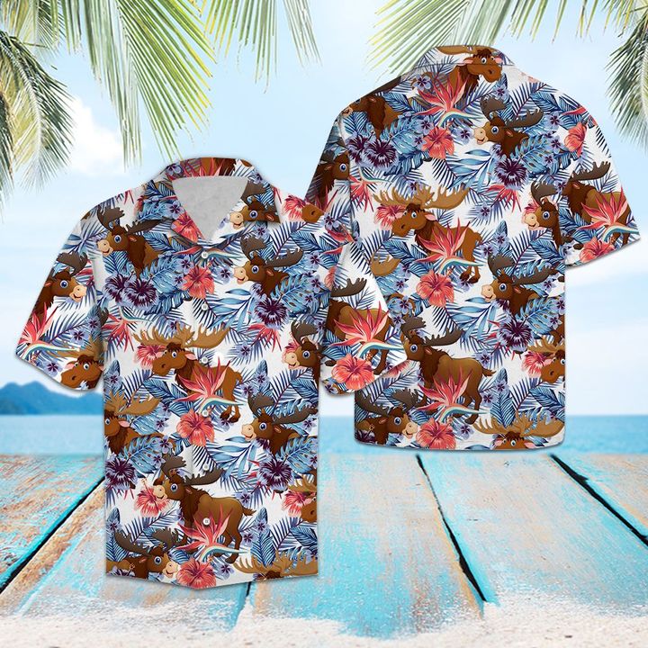 Moose Hibiscus Flower Hawaiian Shirt Summer Button Up