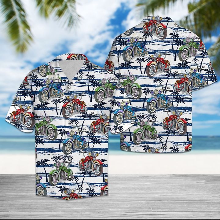 Motorbike Sea Palm Tree Hawaiian Shirt Summer Button Up