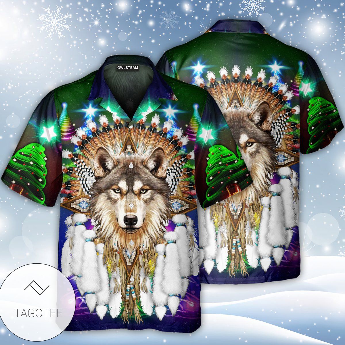 Native Wolf And Merry Christmas Hawaiian Shirt Tagotee