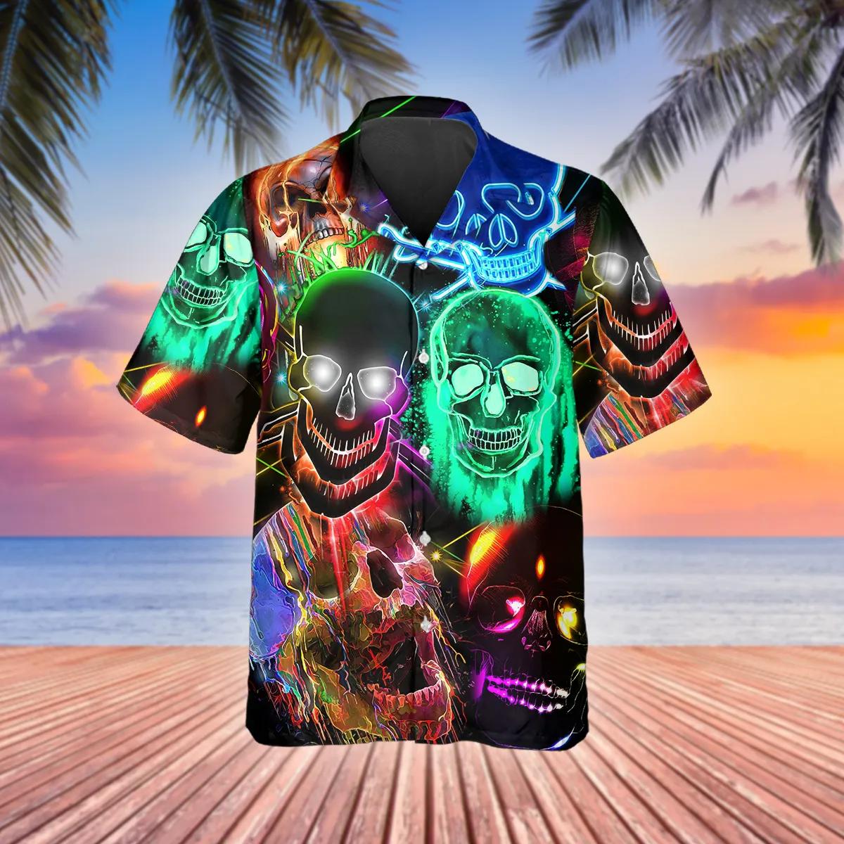 Neon Light Skull Hawaiian Shirt, Hawaiian Button Up Shirt, Tropical Shirts For Men – Best Clothing For You