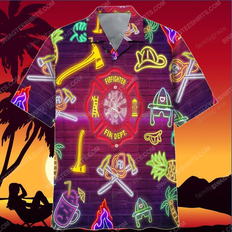 Neon Proud Firefighter Summer Vacation Hawaiian Shirt