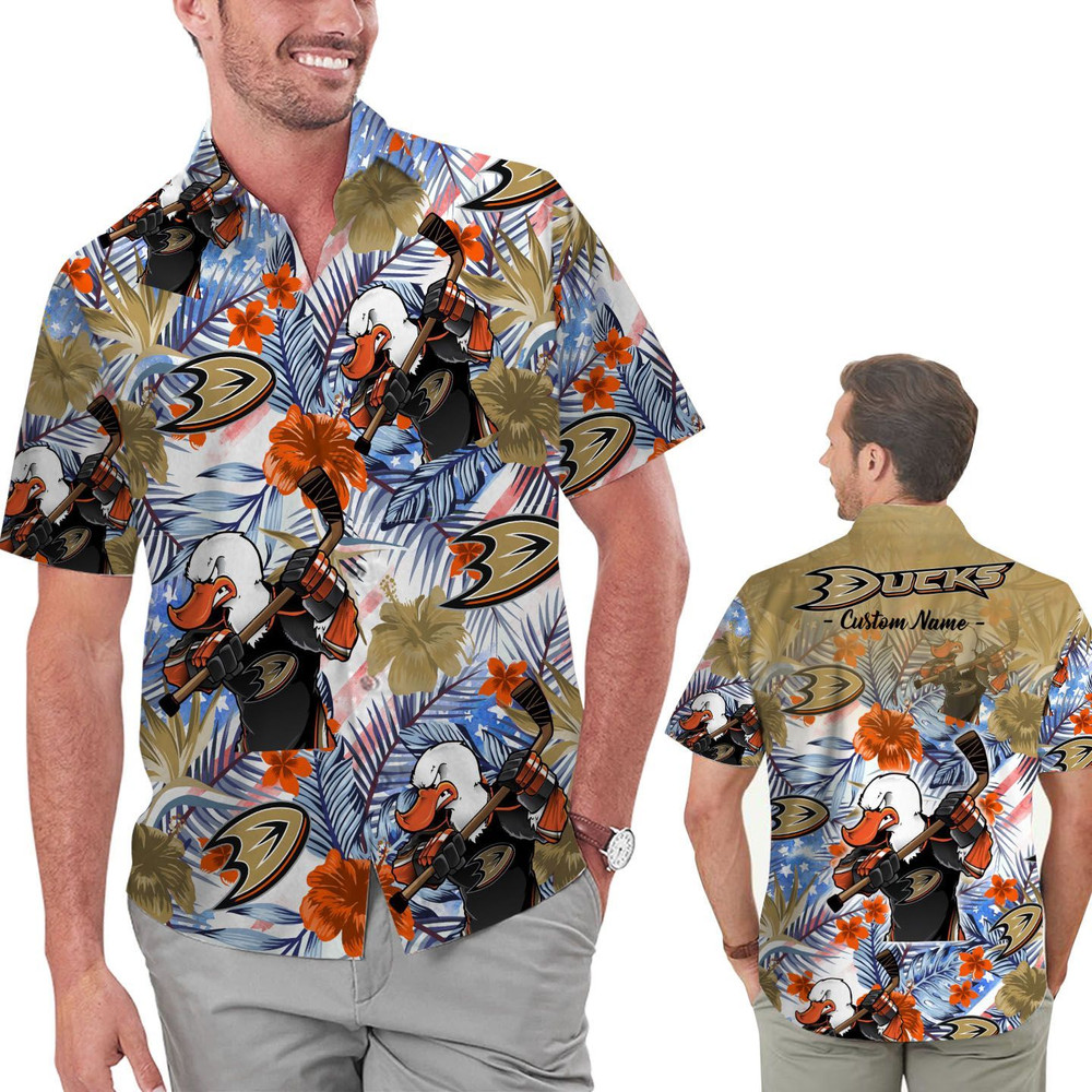 Personalized Anaheim Ducks Tropical Floral America Flag Hawaiian Shirt Hot Trendy Summer 2024