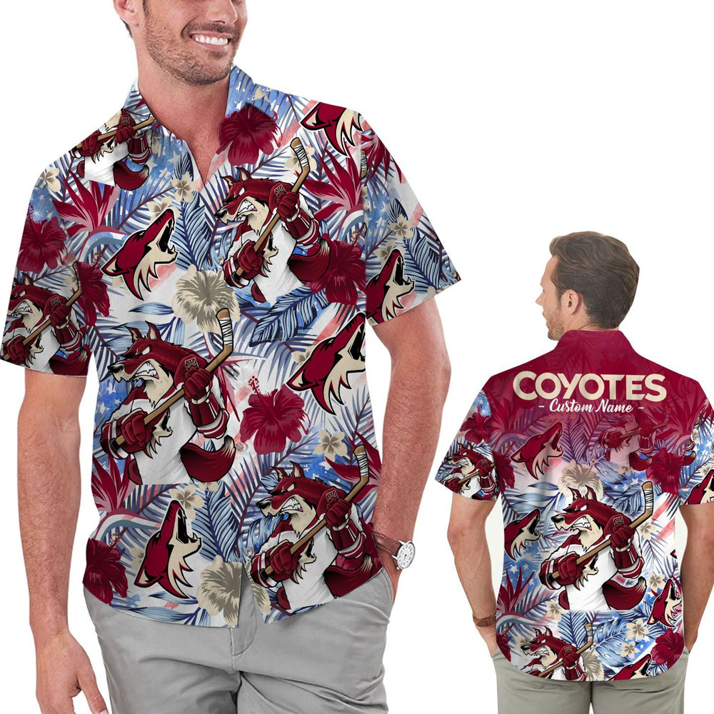 Personalized Arizona Coyotes Tropical Floral America Flag Hawaiian Shirt Hot Trendy Summer 2024