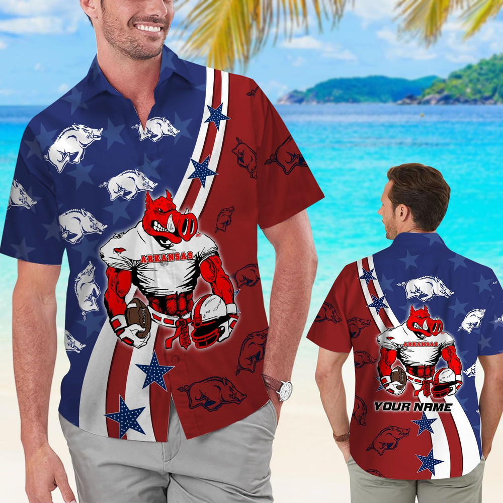 Personalized Arkansas Razorbacks American Flag Hawaiian Shirt Hot Trendy Summer 2024