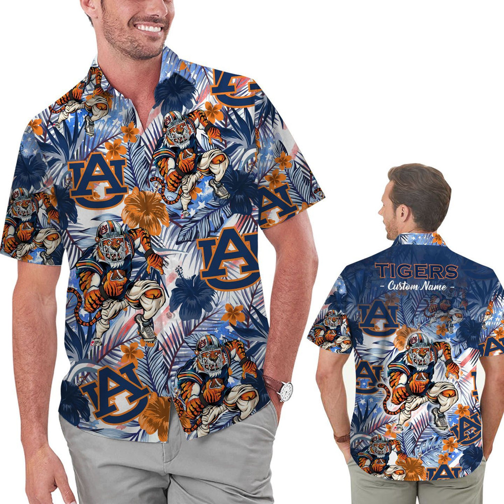 Personalized Auburn Tigers Tropical Floral America Flag Hawaiian Shirt Hot Trendy Summer 2024