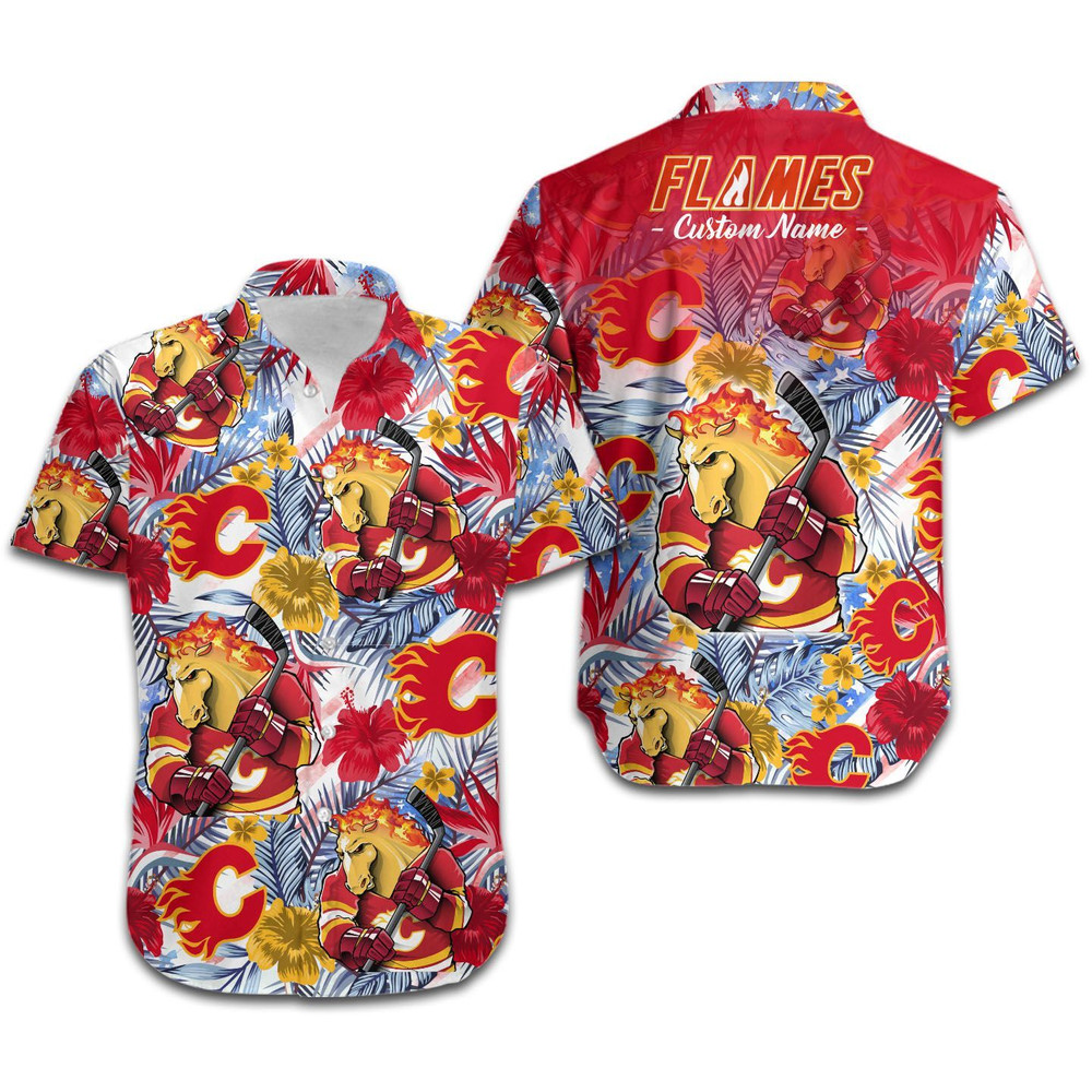 Personalized Calgary Flames Tropical Floral America Flag Hawaiian Shirt Hot Trendy Summer 2024