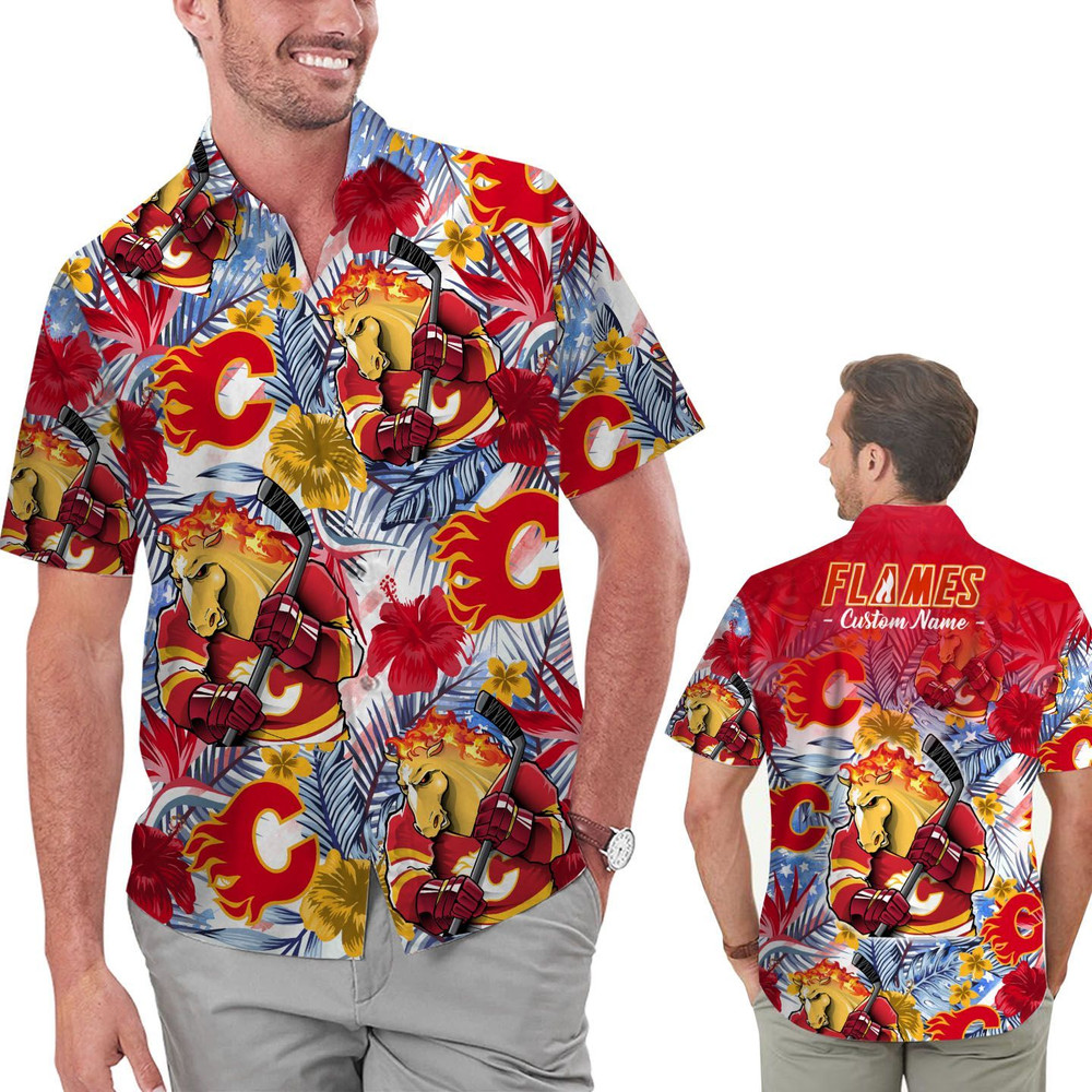 Personalized Calgary Flames Tropical Floral America Flag Hawaiian Shirt Hot Trendy Summer 2024