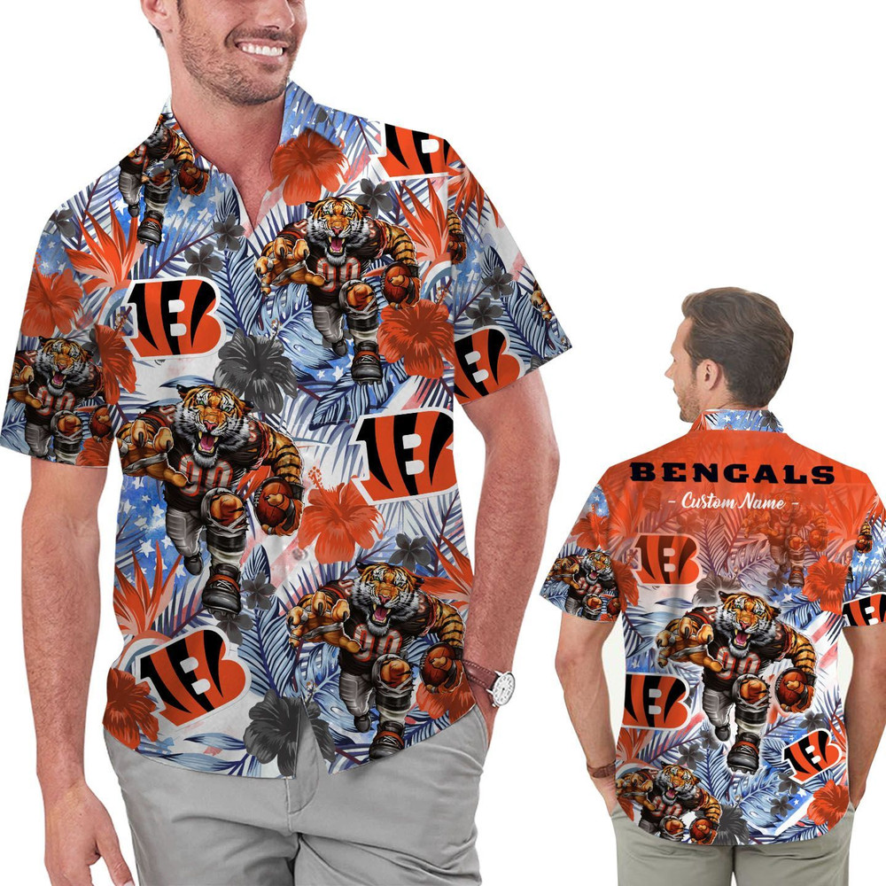 Personalized Cincinnati Bengals Tropical Floral America Flag Hawaiian Shirt Hot Trendy Summer 2024