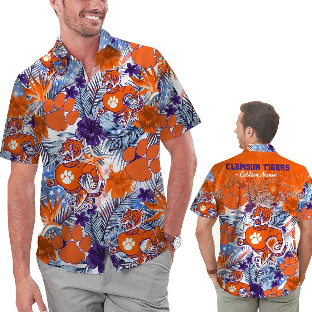 Personalized Clemson Tigers Tropical Floral America Flag Hawaiian Shirt Hot Trendy Summer 2024