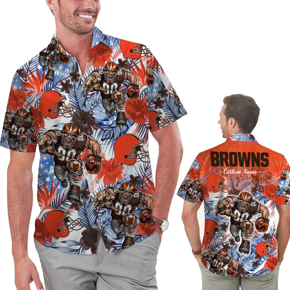 Personalized Cleveland Browns Tropical Floral America Flag Hawaiian Shirt Hot Trendy Summer 2024