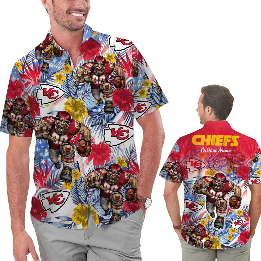 Personalized Kansas City Chiefs Tropical Floral America Flag Hawaiian Shirt Hot Trendy Summer 2024