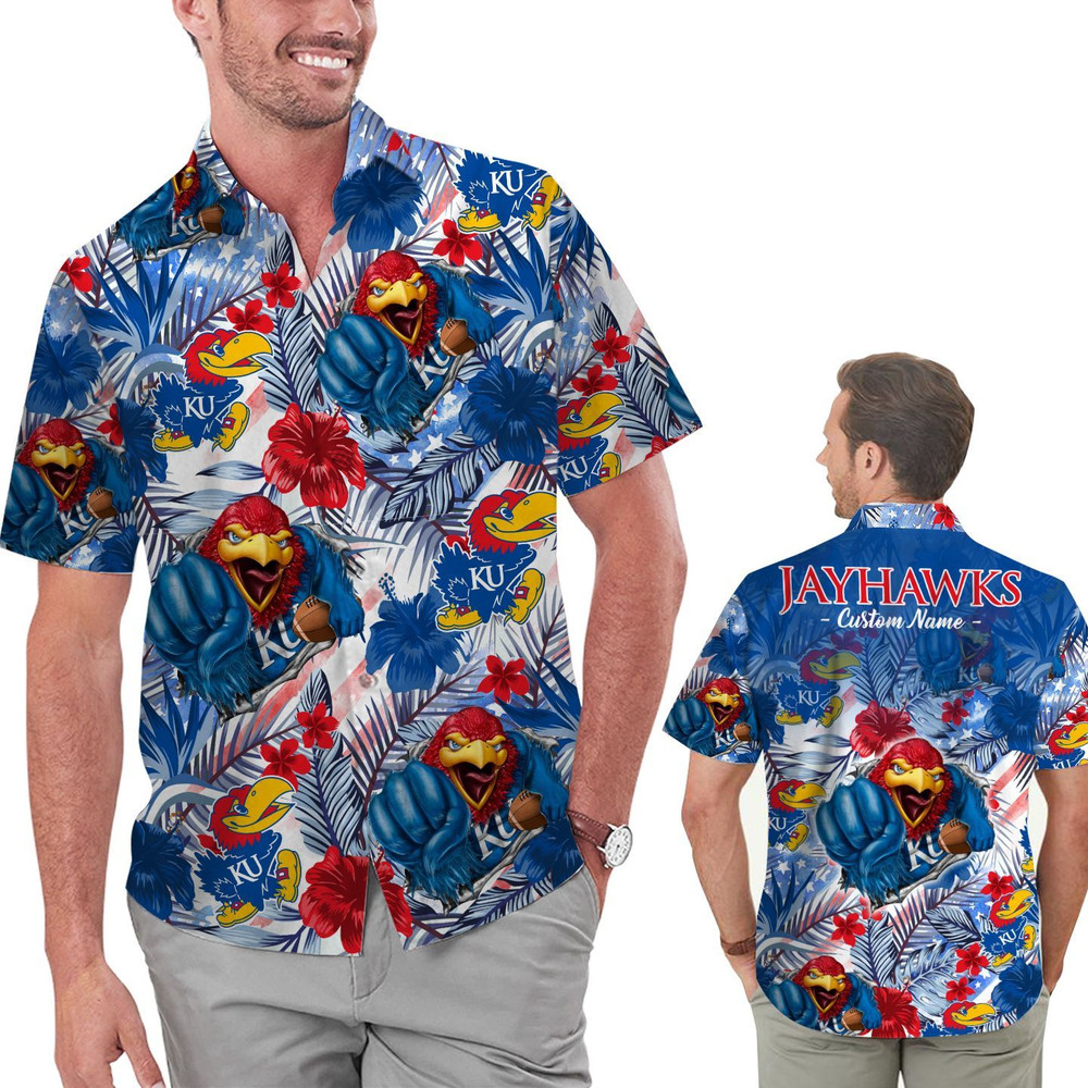 Personalized Kansas Jayhawks Tropical Floral America Flag Hawaiian Shirt Hot Trendy Summer 2024