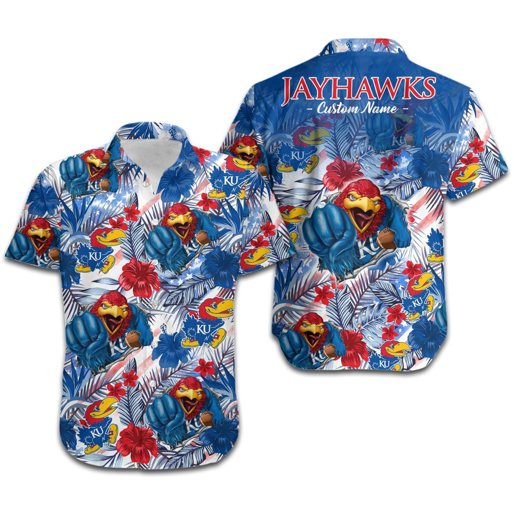 Personalized Kansas Jayhawks Tropical Floral America Flag Hawaiian Shirt Hot Trendy Summer 2024