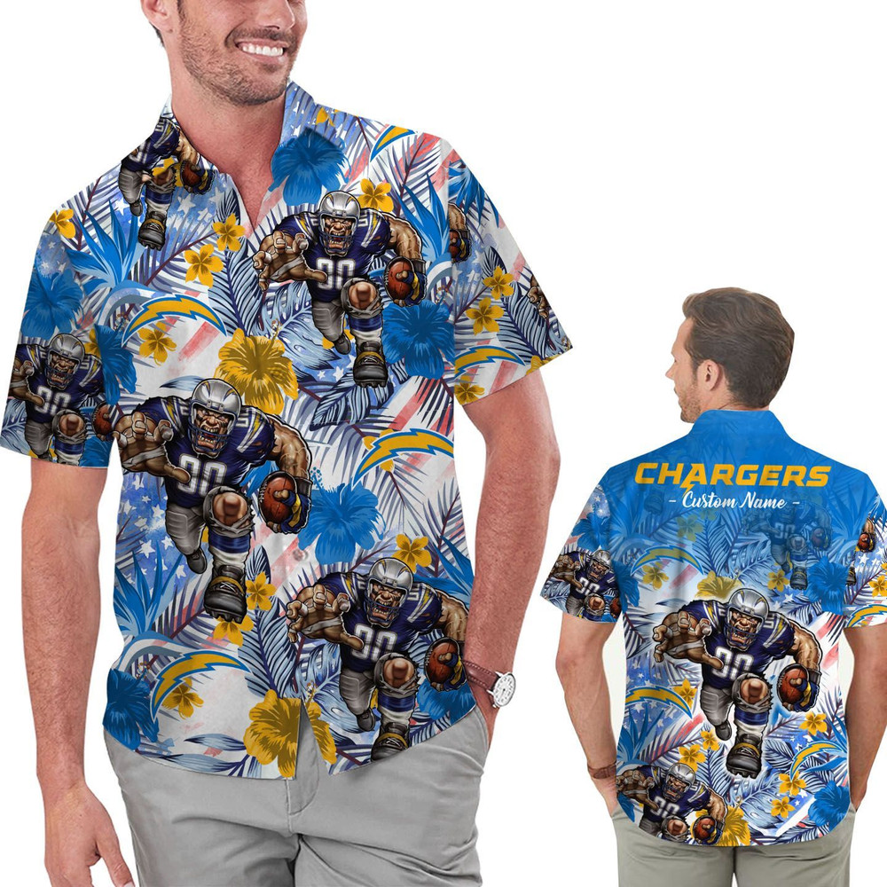 Personalized Los Angeles Chargers Tropical Floral America Flag Hawaiian Shirt Hot Trendy Summer 2024