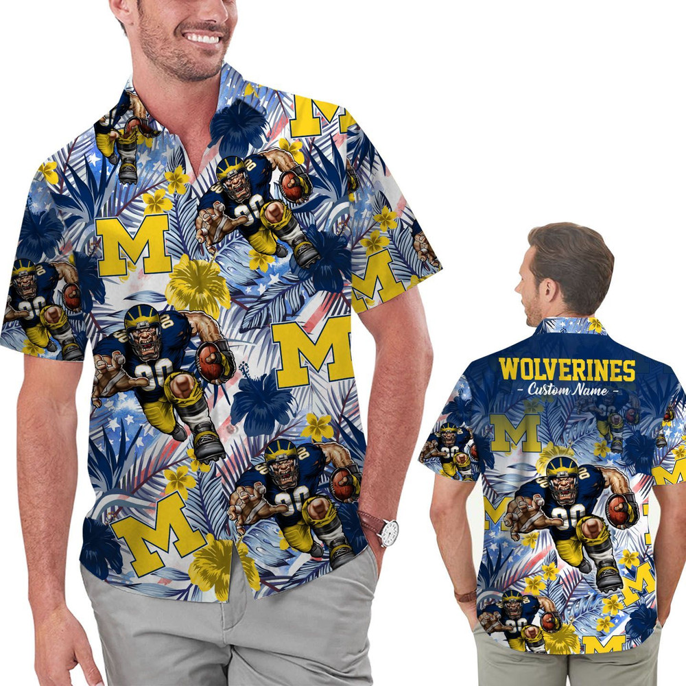 Personalized Michigan Wolverines Tropical Floral America Flag Hawaiian Shirt Hot Trendy Summer 2024