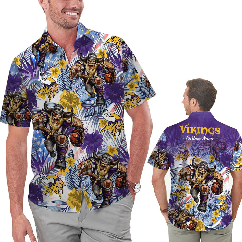 Personalized Minnesota Vikings Tropical Floral America Flag Hawaiian Shirt Hot Trendy Summer 2024