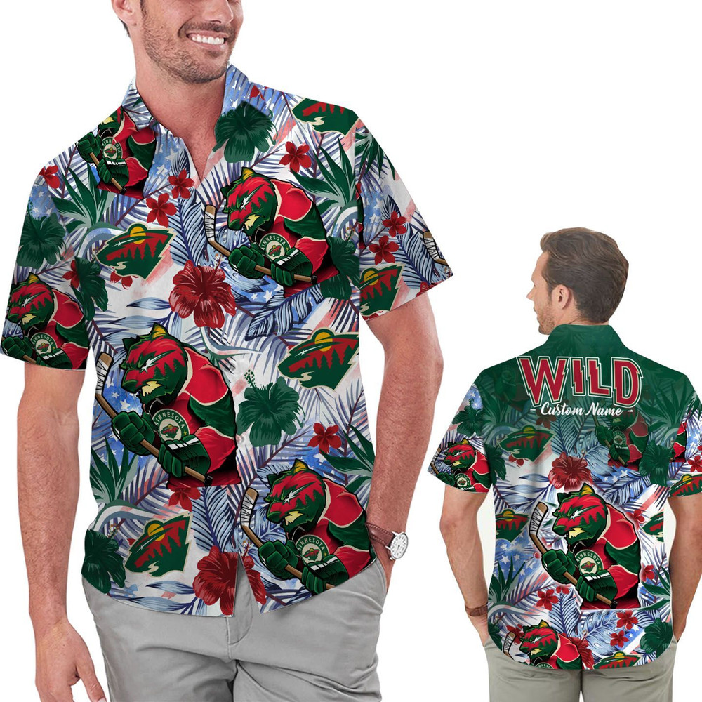 Personalized Minnesota Wild Tropical Floral America Flag Hawaiian Shirt Hot Trendy Summer 2024