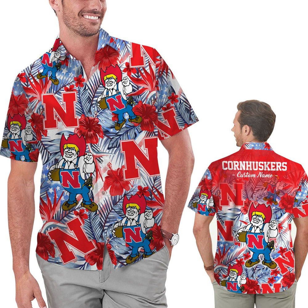 Personalized Nebraska Cornhuskers Tropical Floral America Flag Hawaiian Shirt Hot Trendy Summer 2024