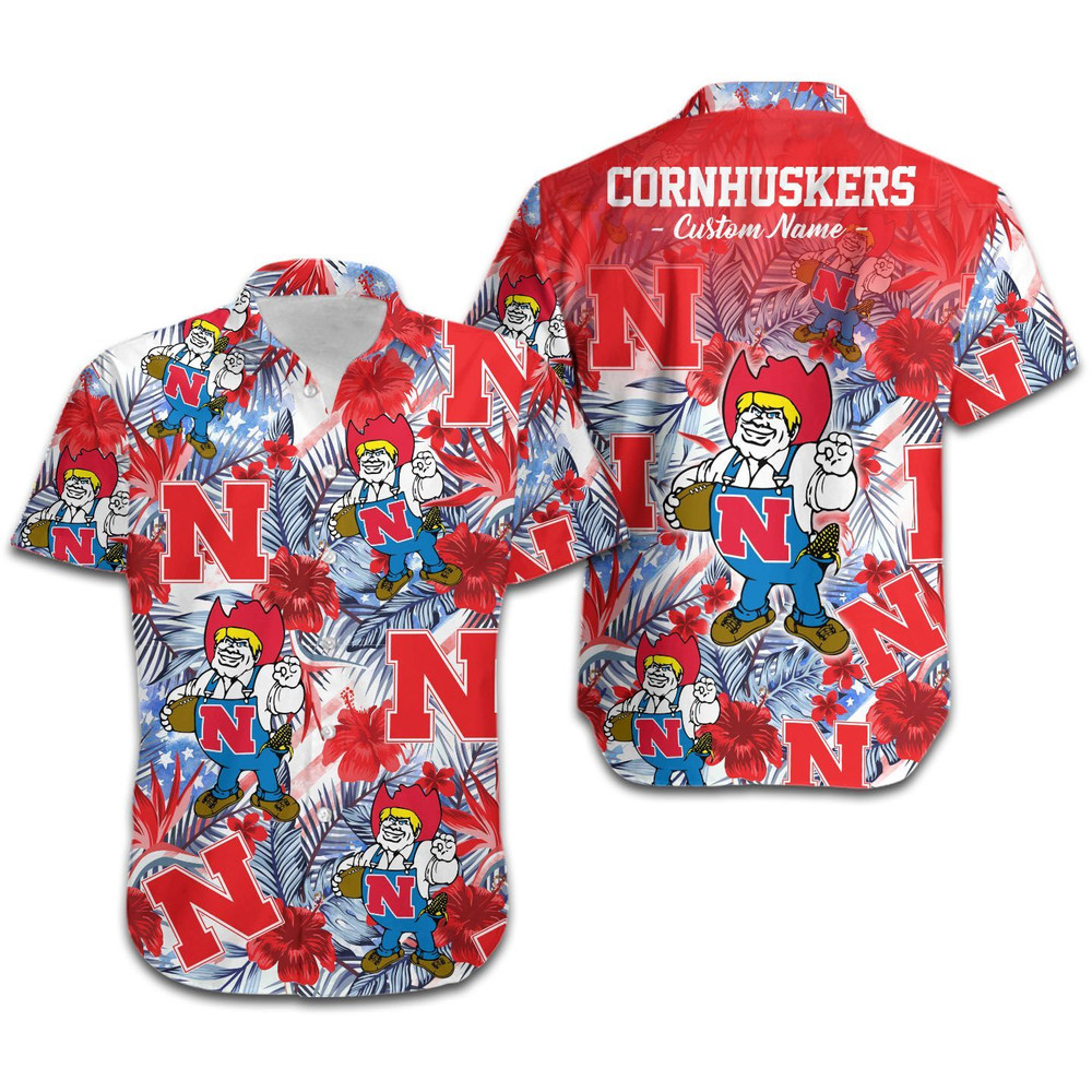 Personalized Nebraska Cornhuskers Tropical Floral America Flag Hawaiian Shirt Hot Trendy Summer 2024