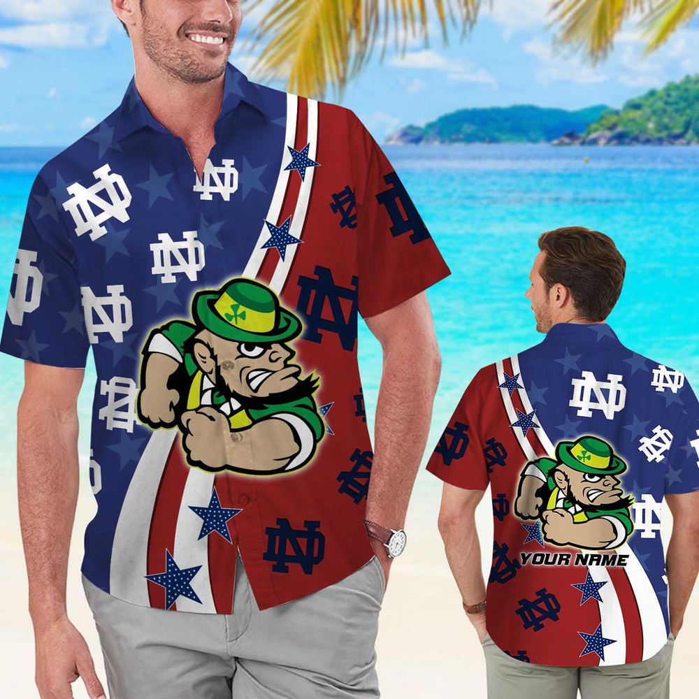 Personalized Notre Dame Fighting Irish American Flag Hawaiian Shirt Hot Trendy Summer 2024