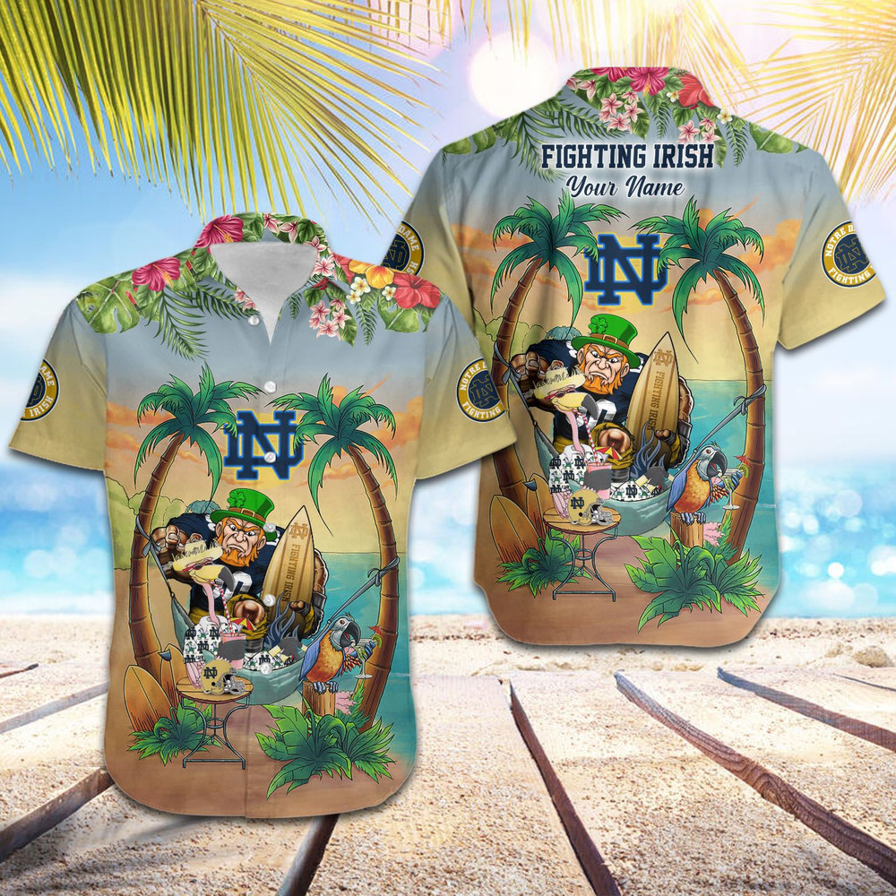 Personalized Notre Dame Fighting Irish Flamingo Parrot Hawaiian Shirt Hot Trendy Summer 2024