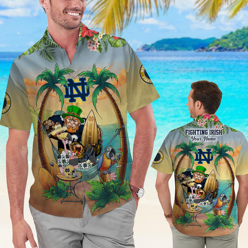 Personalized Notre Dame Fighting Irish Flamingo Parrot Hawaiian Shirt Hot Trendy Summer 2024