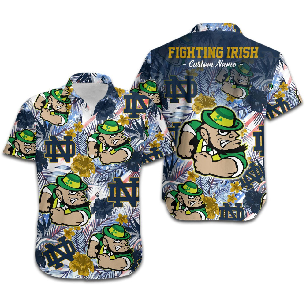 Personalized Notre Dame Fighting Irish Tropical Floral America Flag Hawaiian Shirt Hot Trendy Summer 2024