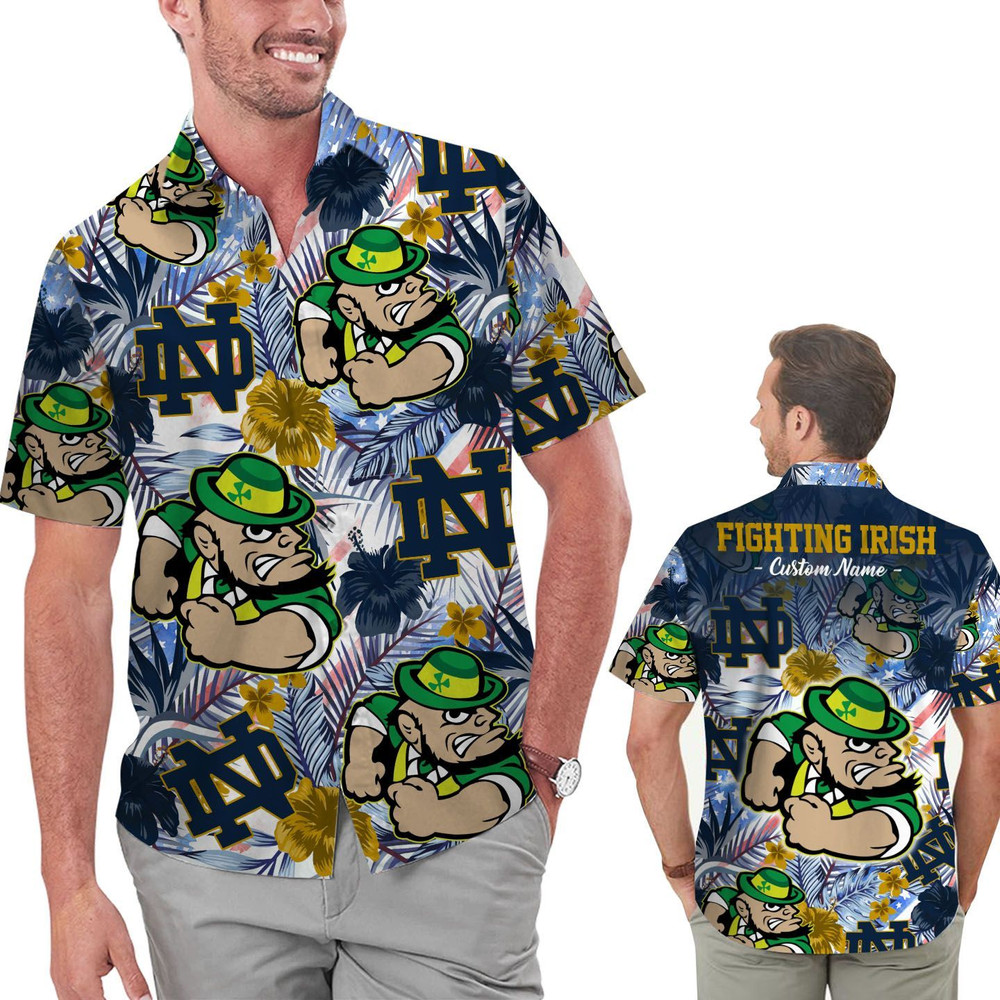 Personalized Notre Dame Fighting Irish Tropical Floral America Flag Hawaiian Shirt Hot Trendy Summer 2024