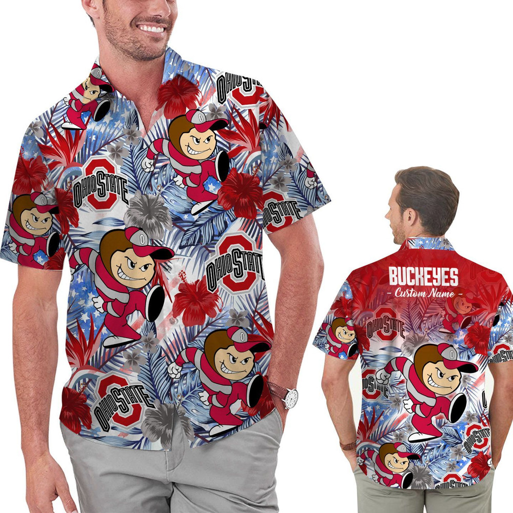 Personalized Ohio State Buckeyes Tropical Floral America Flag Hawaiian Shirt Hot Trendy Summer 2024