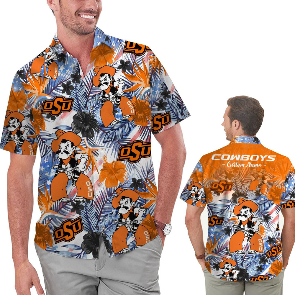 Personalized Oklahoma State Cowboys Tropical Floral America Flag Hawaiian Shirt Hot Trendy Summer 2024