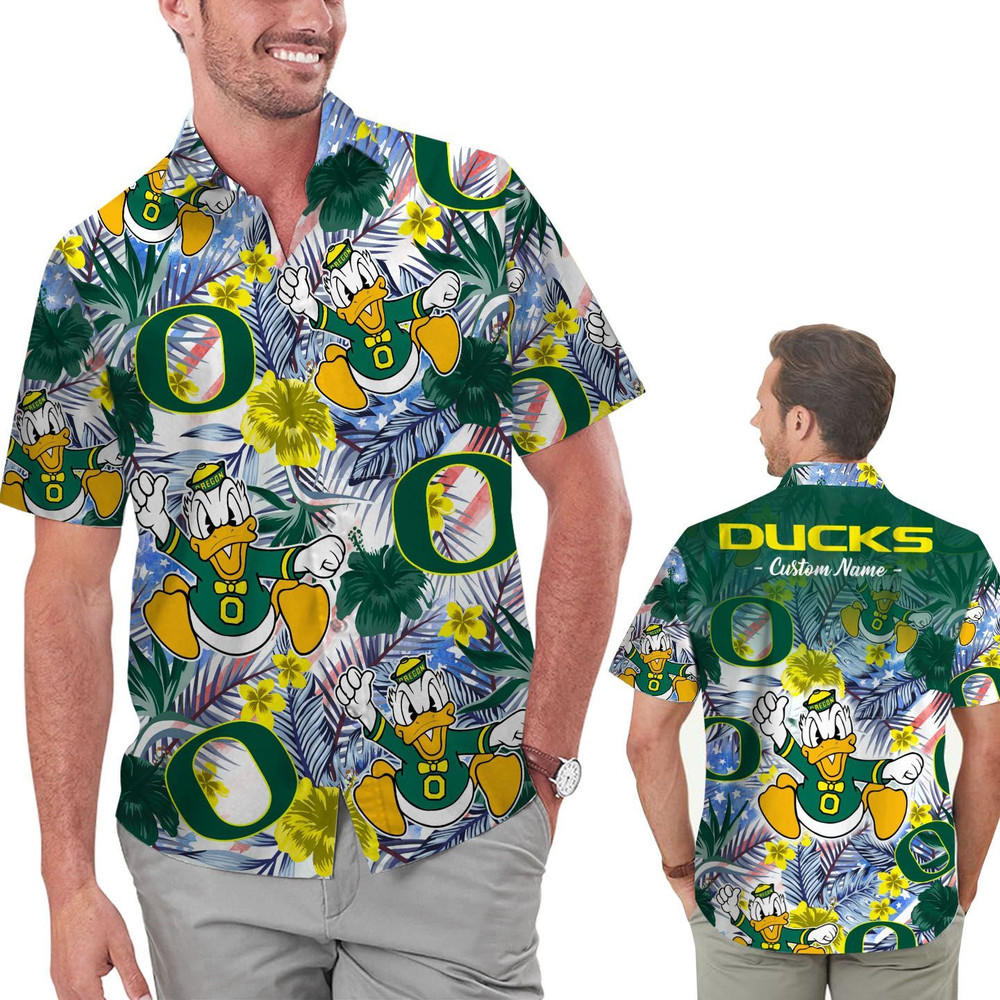 Personalized Oregon Ducks Tropical Floral America Flag Hawaiian Shirt Hot Trendy Summer 2024